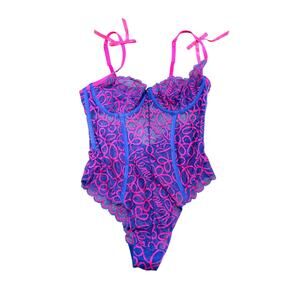 Savage X Fenty Blue and Pink Ribbon Writing Lace Teddy Small